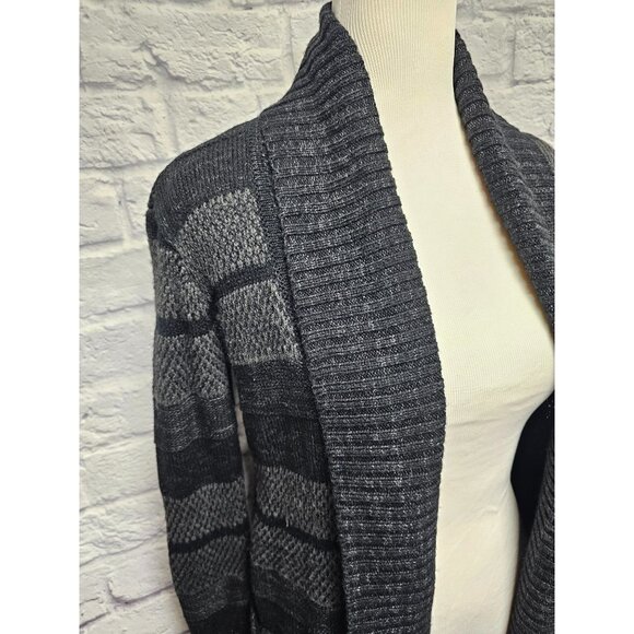 APT 9. XS BLACK GRAY STRIPED OPEN FRONT RIBBED CARDIGAN LONG TUNIC POCKET SWEATE - Picture 2 of 15